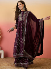 Staggering Wine Silk Palazzo Salwar Suit with Embroidered and Print Work