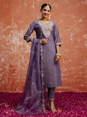 Lavender Embroidered Silk Blend Readymade Salwar Kameez