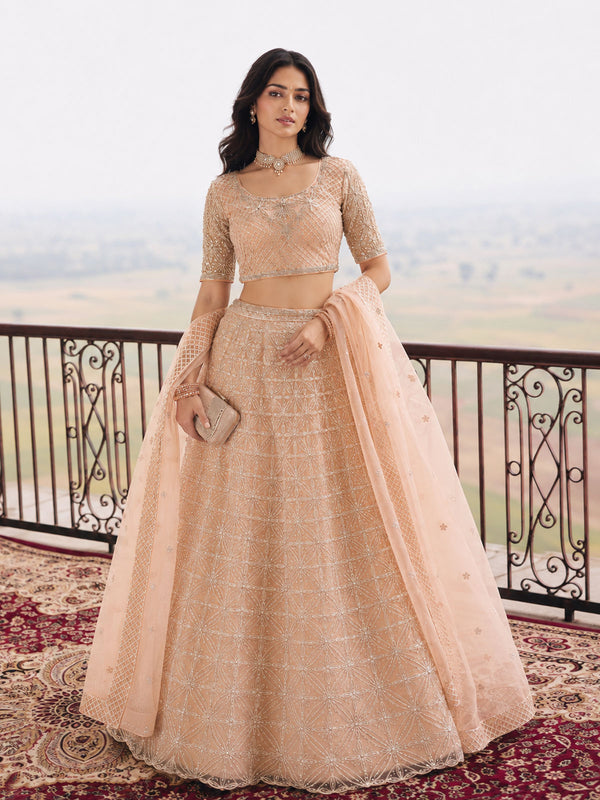 Peach Embroidered Stylist Wedding Lehenga Choli