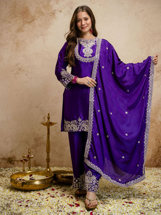 Dark Purple Designer Chanderi Cottan Partywear Kurta Set