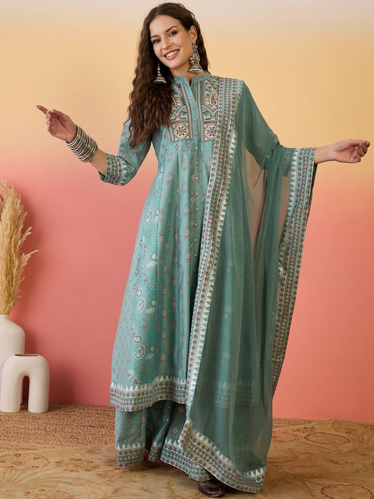 Sea Green Silk Embroidered and Print Work Salwar Suit