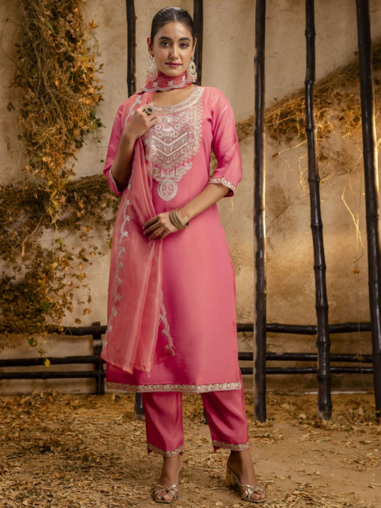 Silk Blend Peach and Pink Trendy Salwar Kameez