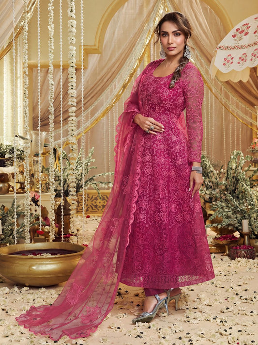 Women Floral Embroidered Anarakli Thread Work Kurta With Trousers & Dupatta