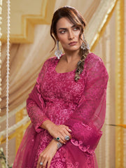 Women Floral Embroidered Anarakli Thread Work Kurta With Trousers & Dupatta