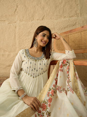 Floral Embroidered Empire Thread Work Kurta with Trousers & With Dupatta