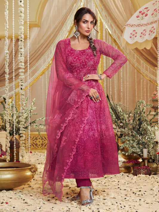 Women Floral Embroidered Anarakli Thread Work Kurta With Trousers & Dupatta