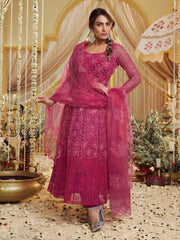 Women Floral Embroidered Anarakli Thread Work Kurta With Trousers & Dupatta