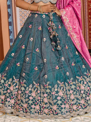 Teal  Tissue Fabric Sequins embroidery Semi Stitched Lehenga & Unstitched Blouse With Dupatta