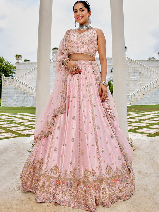 Pink Silk Fabric Beads & Sequince Embroidered Semi-Stitched Lehenga & Unstitched Blouse With Dupatta