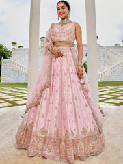 Pink Silk Fabric Beads & Sequince Embroidered Semi-Stitched Lehenga & Unstitched Blouse With Dupatta