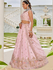 Pink Silk Fabric Beads & Sequince Embroidered Semi-Stitched Lehenga & Unstitched Blouse With Dupatta