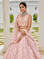 Pink Silk Fabric Beads & Sequince Embroidered Semi-Stitched Lehenga & Unstitched Blouse With Dupatta