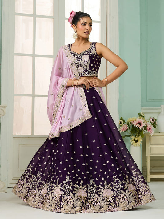Burgundy Georgette Fabric Sequins embroidery Semi-Stitched Lehenga & Unstitched Blouse With Dupatta