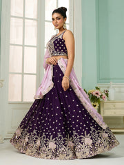 Burgundy Georgette Fabric Sequins embroidery Semi-Stitched Lehenga & Unstitched Blouse With Dupatta