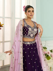 Burgundy Georgette Fabric Sequins embroidery Semi-Stitched Lehenga & Unstitched Blouse With Dupatta