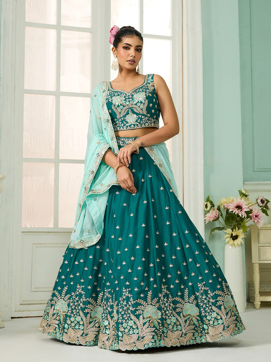 Green Georgette Fabric Sequins embroidery Semi-Stitched Lehenga & Unstitched Blouse With Dupatta