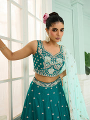 Green Georgette Fabric Sequins embroidery Semi-Stitched Lehenga & Unstitched Blouse With Dupatta