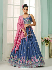 Blue Silk Fabric Sequins embroidery Semi-Stitched Lehenga & Unstitched Blouse With Dupatta