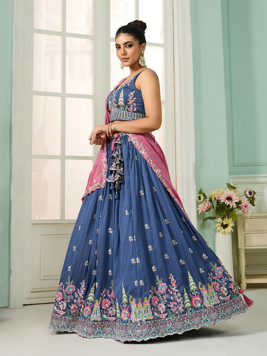 Blue Silk Fabric Sequins embroidery Semi-Stitched Lehenga & Unstitched Blouse With Dupatta