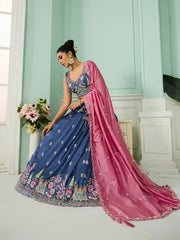 Blue Silk Fabric Sequins embroidery Semi-Stitched Lehenga & Unstitched Blouse With Dupatta