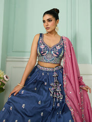 Blue Silk Fabric Sequins embroidery Semi-Stitched Lehenga & Unstitched Blouse With Dupatta
