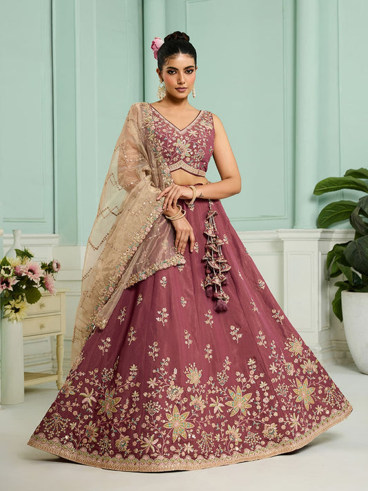 Rosegold Georgette Fabric Sequins embroidery Semi-Stitched Lehenga & Unstitched Blouse With Dupatta