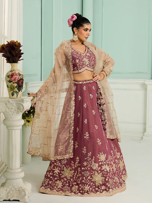 Rosegold Georgette Fabric Sequins embroidery Semi-Stitched Lehenga & Unstitched Blouse With Dupatta