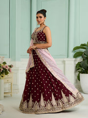 Maroon Organza Fabric Sequins embroidery Semi-Stitched Lehenga & Unstitched Blouse With Dupatta