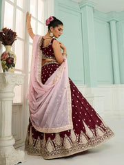 Maroon Organza Fabric Sequins embroidery Semi-Stitched Lehenga & Unstitched Blouse With Dupatta