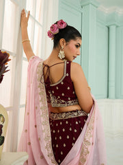 Maroon Organza Fabric Sequins embroidery Semi-Stitched Lehenga & Unstitched Blouse With Dupatta