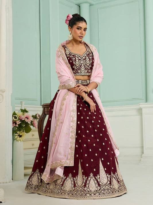 Maroon Organza Fabric Sequins embroidery Semi-Stitched Lehenga & Unstitched Blouse With Dupatta