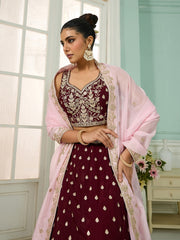 Maroon Organza Fabric Sequins embroidery Semi-Stitched Lehenga & Unstitched Blouse With Dupatta