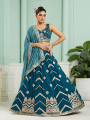 Teal Silk Fabric Sequins embroidery Semi-Stitched Lehenga & Unstitched Blouse With Dupatta