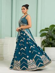 Teal Silk Fabric Sequins embroidery Semi-Stitched Lehenga & Unstitched Blouse With Dupatta