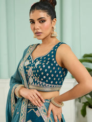 Teal Silk Fabric Sequins embroidery Semi-Stitched Lehenga & Unstitched Blouse With Dupatta