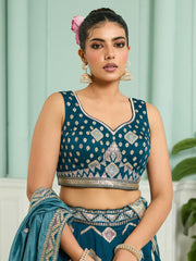 Teal Silk Fabric Sequins embroidery Semi-Stitched Lehenga & Unstitched Blouse With Dupatta