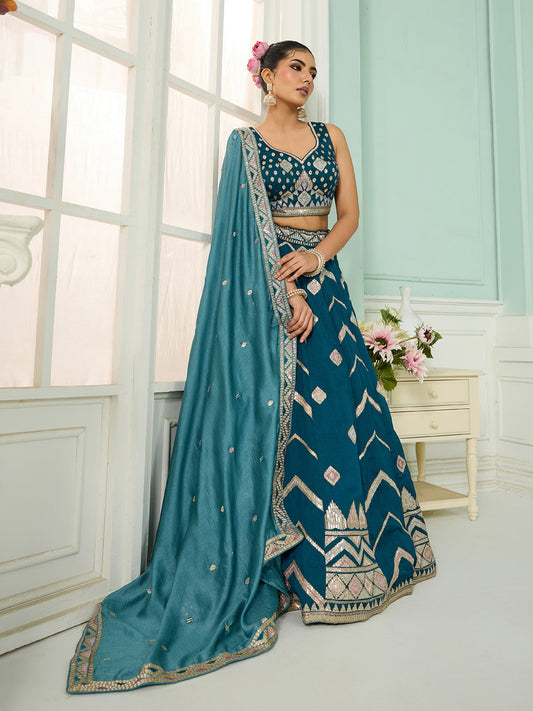 Teal Silk Fabric Sequins embroidery Semi-Stitched Lehenga & Unstitched Blouse With Dupatta