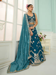 Teal Silk Fabric Sequins embroidery Semi-Stitched Lehenga & Unstitched Blouse With Dupatta