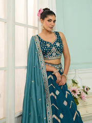 Teal Silk Fabric Sequins embroidery Semi-Stitched Lehenga & Unstitched Blouse With Dupatta