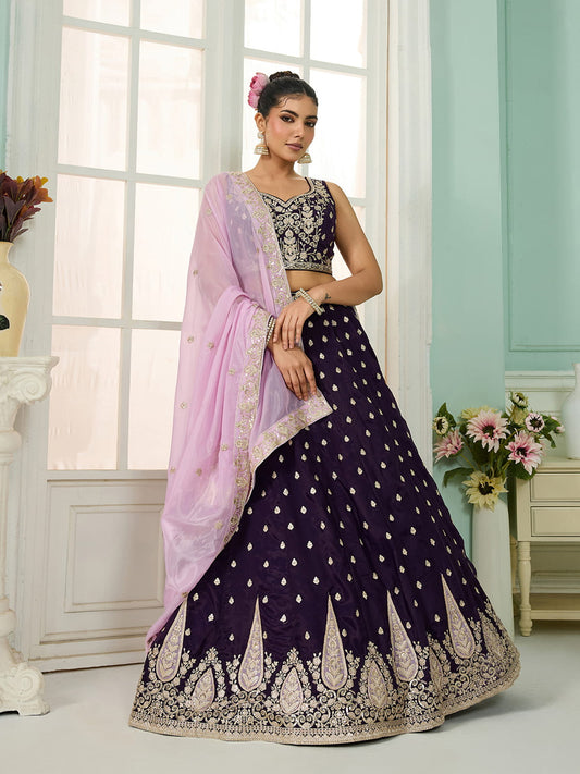 Purple Organza Fabric Sequins embroidery Semi-Stitched Lehenga & Unstitched Blouse With Dupatta