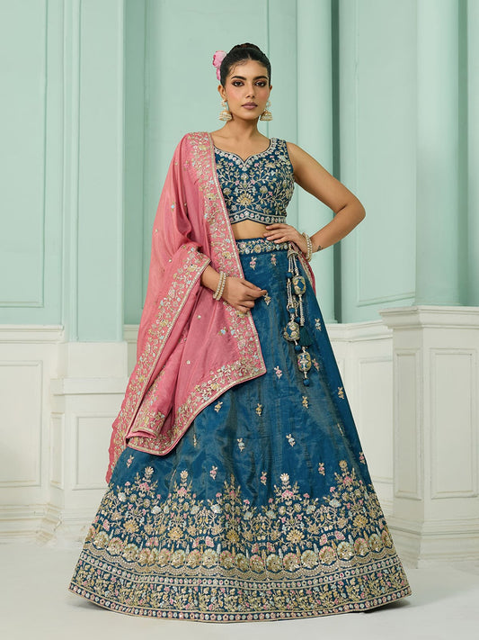 Teal Silk Fabric Sequins embroidery Semi-Stitched Lehenga & Unstitched Blouse With Dupatta
