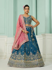 Teal Silk Fabric Sequins embroidery Semi-Stitched Lehenga & Unstitched Blouse With Dupatta