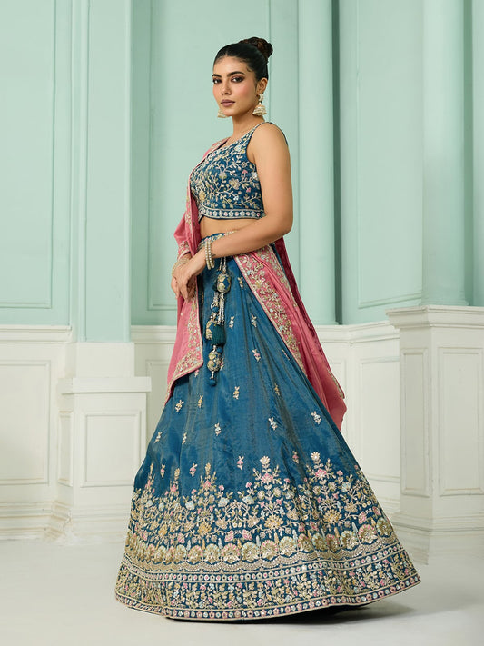 Teal Silk Fabric Sequins embroidery Semi-Stitched Lehenga & Unstitched Blouse With Dupatta
