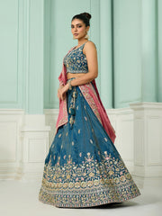 Teal Silk Fabric Sequins embroidery Semi-Stitched Lehenga & Unstitched Blouse With Dupatta