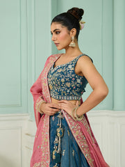 Teal Silk Fabric Sequins embroidery Semi-Stitched Lehenga & Unstitched Blouse With Dupatta