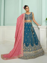 Teal Silk Fabric Sequins embroidery Semi-Stitched Lehenga & Unstitched Blouse With Dupatta
