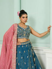 Teal Silk Fabric Sequins embroidery Semi-Stitched Lehenga & Unstitched Blouse With Dupatta