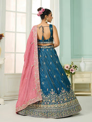 Teal Silk Fabric Sequins embroidery Semi-Stitched Lehenga & Unstitched Blouse With Dupatta