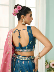 Teal Silk Fabric Sequins embroidery Semi-Stitched Lehenga & Unstitched Blouse With Dupatta