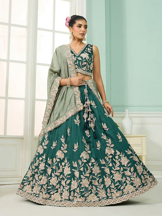Green Silk Fabric Sequins embroidery Semi-Stitched Lehenga & Unstitched Blouse With Dupatta